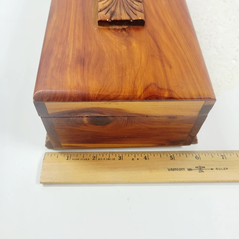 Vintage Carved Cedar Wood Jewelry Trinket Box With Mirror & Feet